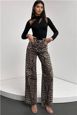 Kadın Leopar Yüksek Bel Desenli Palazzo Jean Pantolon Alc-X14771