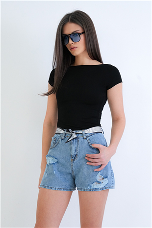 Kadın Mavi 5 Cepli Flar Aksesuarlı Eskitmeli Jean Şort Alc-X15271