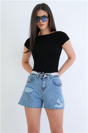 Kadın Mavi 5 Cepli Flar Aksesuarlı Eskitmeli Jean Şort Alc-X15271