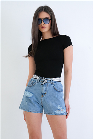 Kadın Mavi 5 Cepli Flar Aksesuarlı Eskitmeli Jean Şort Alc-X15271