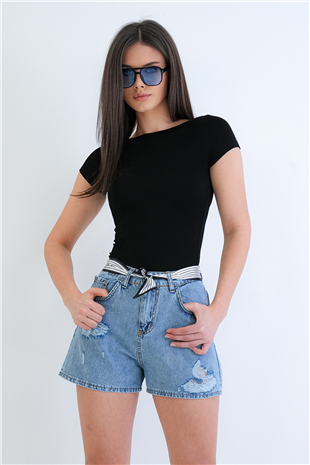 Kadın Mavi 5 Cepli Flar Aksesuarlı Eskitmeli Jean Şort Alc-X15271