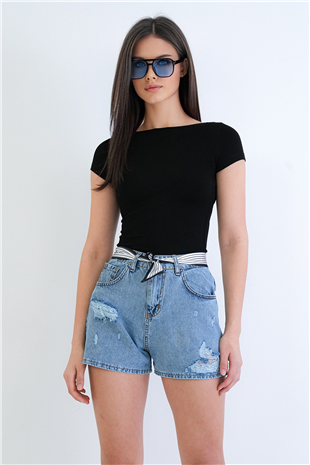 Kadın Mavi 5 Cepli Flar Aksesuarlı Eskitmeli Jean Şort Alc-X15271