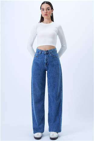 Kadın Mavi 5 Cepli Yıkamalı Yazlık Palazzo Jean Pantolon Alc-X14306