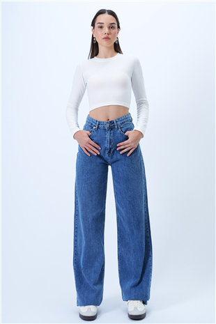 Kadın Mavi 5 Cepli Yıkamalı Yazlık Palazzo Jean Pantolon Alc-X14306