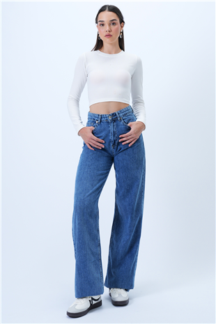 Kadın Mavi 5 Cepli Yıkamalı Yazlık Palazzo Jean Pantolon Alc-X14306