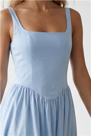 Kadın Mavi Ayarlanabilir Askılı Gizli Fermuarlı Sırtı Gipeli Poplin Elbise Alc-X15511