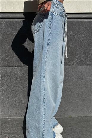 Kadın MAVİ Bağlamalı Eskitme Detaylı 5 Cepli Palazzo Jean V00010-A