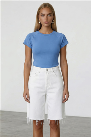 Kadın Mavi Bisiklet Yaka Reglan Kol Likralı Örme Bluz Alc-X15388