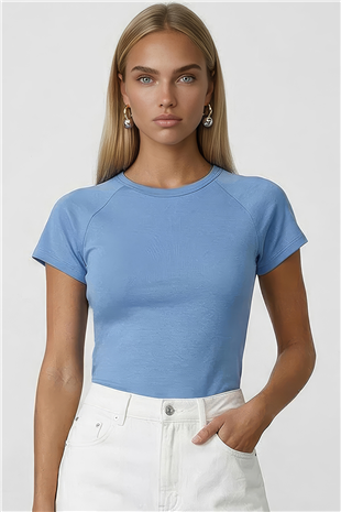 Kadın Mavi Bisiklet Yaka Reglan Kol Likralı Örme Bluz Alc-X15388