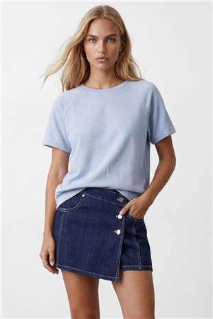 Kadın Mavi Bisiklet Yaka Reglan Kol Oversize T-Shırt Alc-X15492
