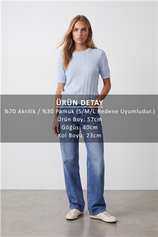 Kadın Mavi Bisiklet Yaka Yumuşak Dokulu Kendinden Simli Triko Bluz Alc-X15768