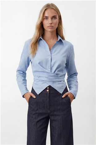 Kadın Mavi Çapraz Bağlama Detaylı Sofia Keten Gömlek Alc-X15471