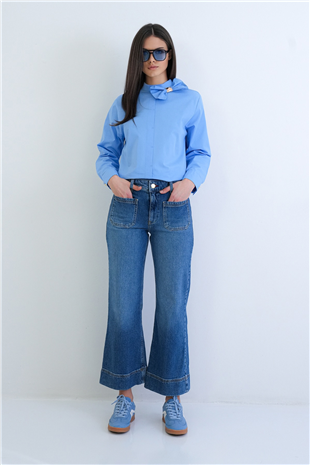 Kadın Mavi Cep Detaylı Katlamalı Paça Yüksek Bel Likralı Jean Pantolon Alc-X15289