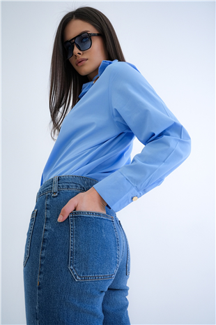 Kadın Mavi Cep Detaylı Katlamalı Paça Yüksek Bel Likralı Jean Pantolon Alc-X15289