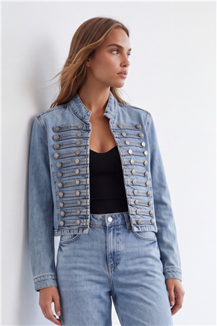 Kadın Mavi Dar Kesim Düğme Detaylı Denim Ceket Alc-X15653