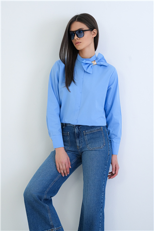 Kadın Mavi Dik Yaka Fiyonk Detaylı Manşet Kollu Poplin Bluz Alc-X15274