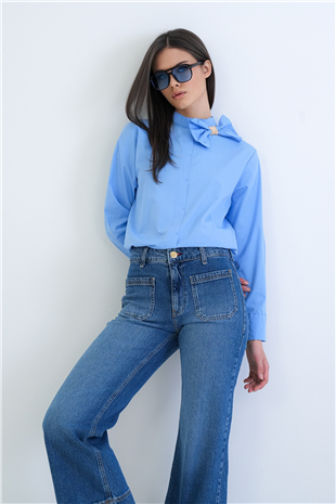 Kadın Mavi Dik Yaka Fiyonk Detaylı Manşet Kollu Poplin Bluz Alc-X15274