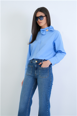 Kadın Mavi Dik Yaka Fiyonk Detaylı Manşet Kollu Poplin Bluz Alc-X15274