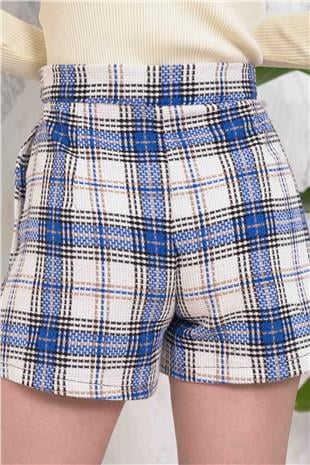 Kadın MAVİ Ekose Desenli Düğme Kapamalı Çift Cepli Şort VS01501