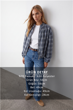 Kadın Mavi Ekose Desenli Fermuarlı Astarlı Oversize Ceket Alc-X15623