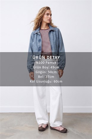 Kadın Mavi Fermuarlı Çıt Çıt Kapamalı  Jean Ceket Alc-X15798