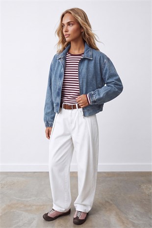 Kadın Mavi Fermuarlı Çıt Çıt Kapamalı  Jean Ceket Alc-X15798