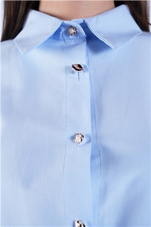 Kadın Mavi Gold İnci Düğme Detaylı Pensli Slim Fit Poplin Gömlek Alc-X15114