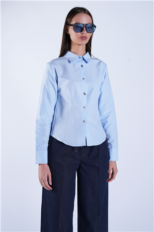 Kadın Mavi Gold İnci Düğme Detaylı Pensli Slim Fit Poplin Gömlek Alc-X15114