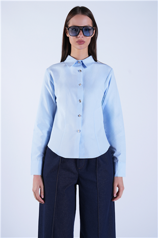 Kadın Mavi Gold İnci Düğme Detaylı Pensli Slim Fit Poplin Gömlek Alc-X15114