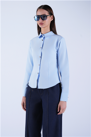 Kadın Mavi Gold İnci Düğme Detaylı Pensli Slim Fit Poplin Gömlek Alc-X15114