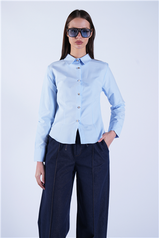 Kadın Mavi Gold İnci Düğme Detaylı Pensli Slim Fit Poplin Gömlek Alc-X15114