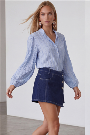 Kadın Mavi Hakim Yaka Önü Düğmeli Balon Kol Fırfır Kumaş Gömlek Bluz Alc-X15405