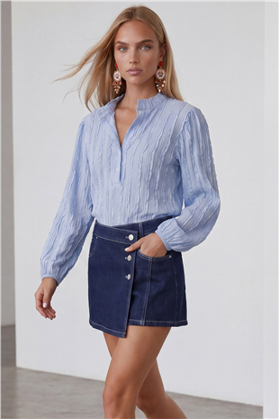 Kadın Mavi Hakim Yaka Önü Düğmeli Balon Kol Fırfır Kumaş Gömlek Bluz Alc-X15405