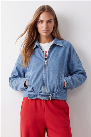 Kadın Mavi İçi Astarlı Kemerli Jean Ceket Alc-X15797