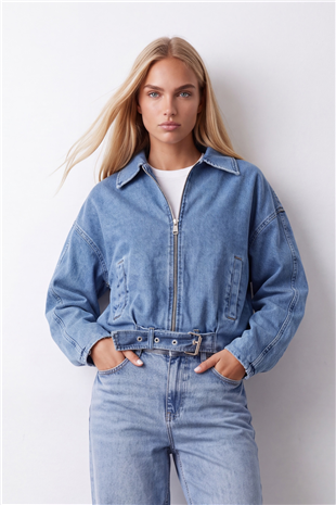 Kadın Mavi İçi Astarlı Kemerli Jean Ceket Alc-X15797