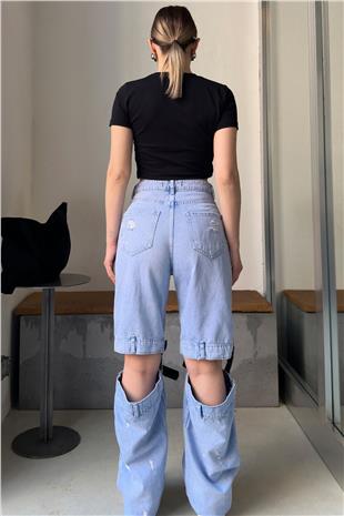 Kadın MAVİ Kemer Detaylı Yırtmaçlı Jean V00043-A