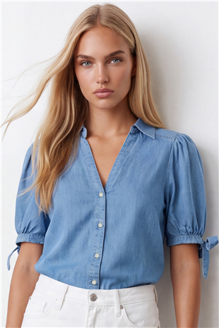 Kadın Mavi Kolları Bağlama Detaylı Denim Gömlek Alc-X15595