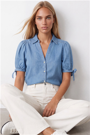 Kadın Mavi Kolları Bağlama Detaylı Denim Gömlek Alc-X15595