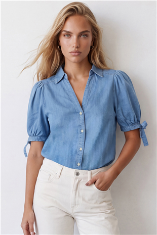 Kadın Mavi Kolları Bağlama Detaylı Denim Gömlek Alc-X15595