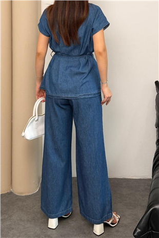 Kadın Mavi Kruvaze Kapama Bağlama Detaylı Yazlık Jean Bluz Ve Pantolon Takım Alc-X15326