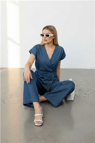 Kadın Mavi Kruvaze Kapama Bağlama Detaylı Yazlık Jean Bluz Ve Pantolon Takım Alc-X15326