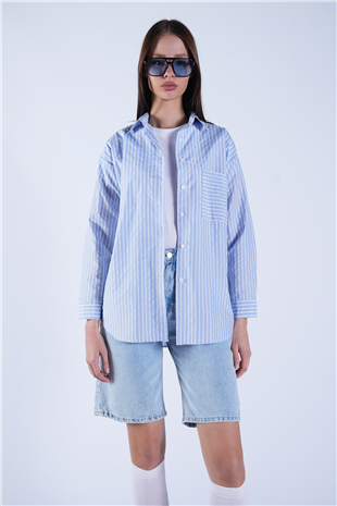 Kadın Mavi Tek Cepli Çizgili Poplin Gömlek Alc-X15122