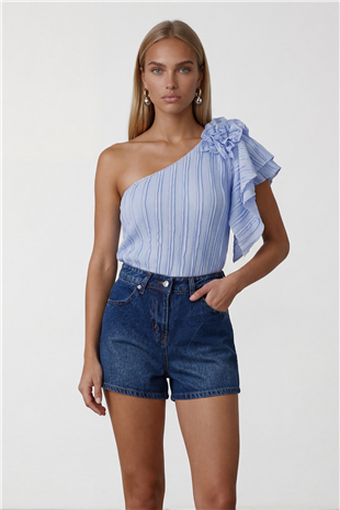 Kadın Mavi Tek Omuz Detaylı Alttan Çıtçıtlı Bluz Alc-X12191