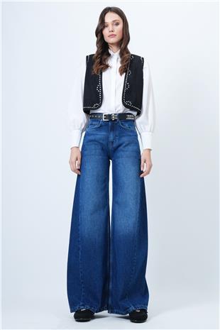 Kadın MAVİ Yüksek Bel 5 Cepli Baggy Jean VS01450