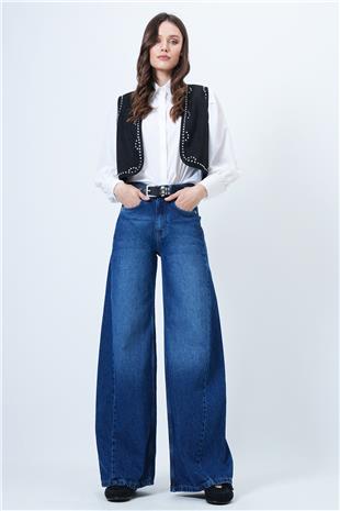 Kadın MAVİ Yüksek Bel 5 Cepli Baggy Jean VS01450