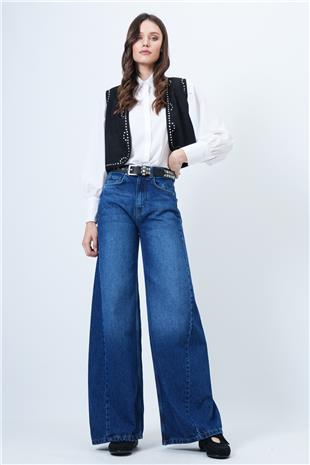 Kadın MAVİ Yüksek Bel 5 Cepli Baggy Jean VS01450