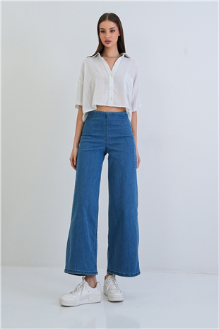 Kadın Mavi Yüksek Bel Beli Lastikli Wide Leg Jean Pantolon Alc-X15386