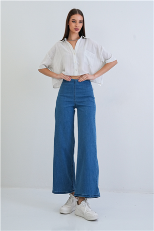 Kadın Mavi Yüksek Bel Beli Lastikli Wide Leg Jean Pantolon Alc-X15386