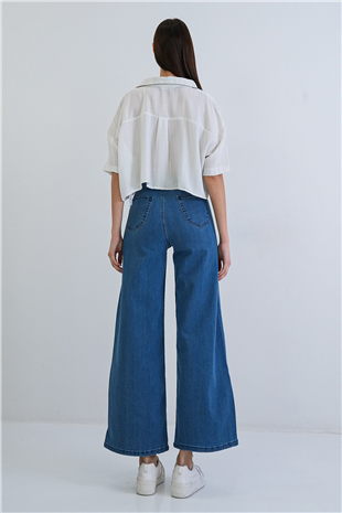 Kadın Mavi Yüksek Bel Beli Lastikli Wide Leg Jean Pantolon Alc-X15386