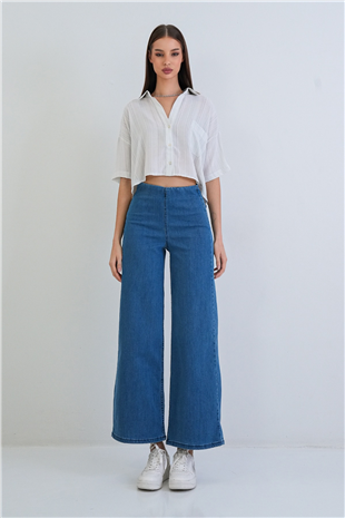 Kadın Mavi Yüksek Bel Beli Lastikli Wide Leg Jean Pantolon Alc-X15386